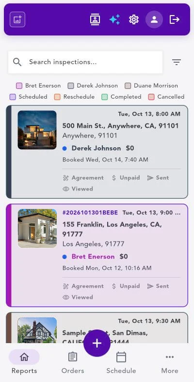 Accuwriter on a phone: the same inspection list with a bottom bar for Reports, Orders, Schedule and More