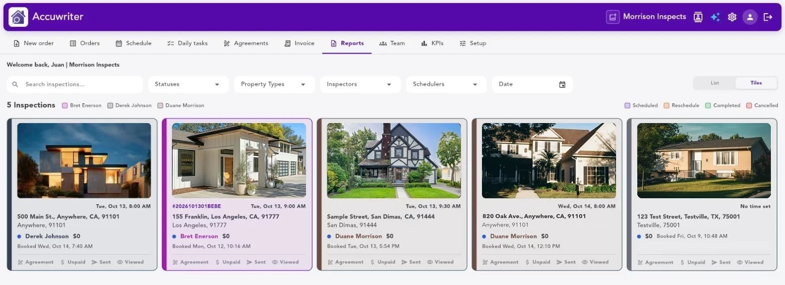 Accuwriter Reports screen: inspection cards with property photos, dates, inspectors and agreement, payment, sent and viewed status